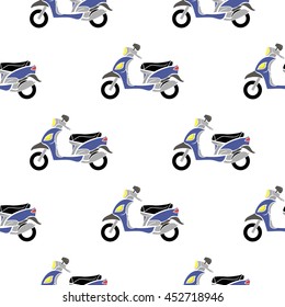 Vector Blue Scooters Isolated on White Background. Seamless Minibike Pattern