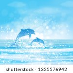 Vector  blue sea  and jumping dolphins.
