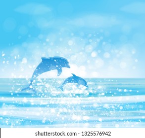 Vector  blue sea  and jumping dolphins.