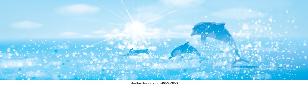 Vector  blue sea  and jumping dolphins.