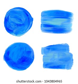 Vector blue sea, labels and shapes on white background. Hand drawn painted stains set