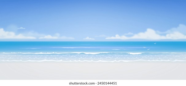 Vector azul mar o fondo del océano. Hermosa ilustración de la playa de arena de verano. Vacaciones de verano Anuncio Horizontal Plantilla de diseño