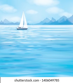 Vector blue sea scape with yacht.