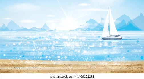 Vector blue sea scape with yacht in sunshine, bokeh effect.