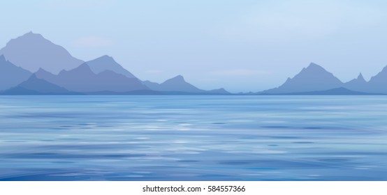 Vector blue sea scene  on  mountains  background.