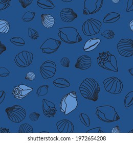 Vector Blue sea shells doodle background pattern