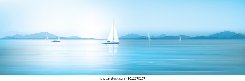 Векторный синее море, небо фон и яхты.