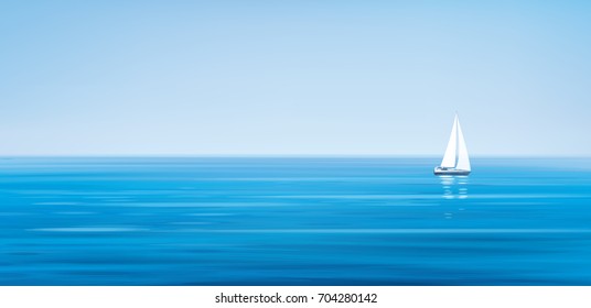 Vector blue sea, sky  background and yacht.