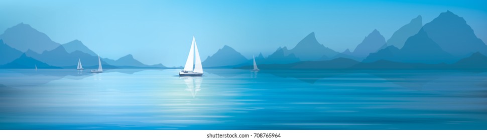 Vector blue sea, sky  background and yachts.