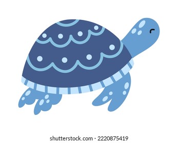 Vector blue sea turtle. Cute marine life animal in flat design. Ocean tortoise swimming in water.