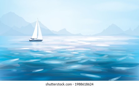 Vector blue sea view and yacht. Blue seascape background.