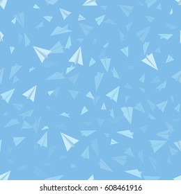 Vector Blue Seamless Background. Pattern of Paper Origami Planes on Sky Blue Background.