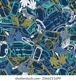 Vector blue seamless chaotic overlap doodle sketch pattern with objects for trekking and hiking on blue background. Suitable for textile, wallpaper and trekking brochures.