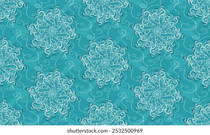 Vector blue seamless Christmas hand drawn pattern with white lacy snowflakes
