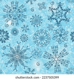 Vector  blue seamless christmas pattern with snowflakes and curls