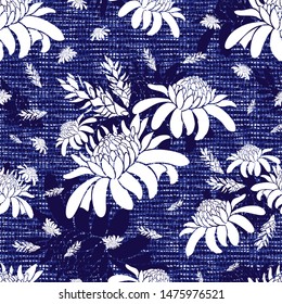 Vector blue seamless fabric texture with torch ginger tropical flower pattern. Canvas for embroidery. Suitable for textile, gift wrap and wallpaper.