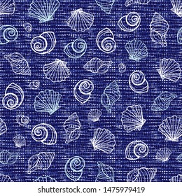 Vector blue seamless fabric texture with various seashells. Canvas for embroidery. Suitable for textile, gift wrap and wallpaper.