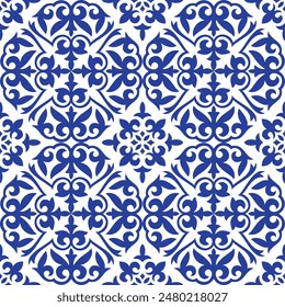 Vector blue seamless national ornament. Ethnic pattern of the nomadic peoples of the great steppe, Moroccan,Turk, Mongol, Kyrgyz, Buryat, Kalmyk, Kazakh. Design ceramic, azulejo tile, border, sandblas