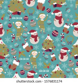 Vector blue seamless pattern background with colorful Christmas ornaments, gnomes, snowman, trees and socks
Perfect for fabric, wallpaper and stationary projects.
