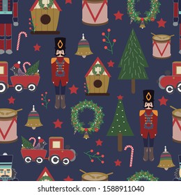 Vector blue seamless pattern background with trains, soldier,trees,bird house, drum, bell, nutcracker and wreath. 