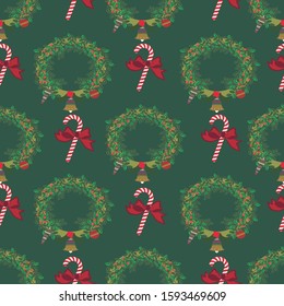 Vector blue seamless pattern background with wreaths and candy canes.

