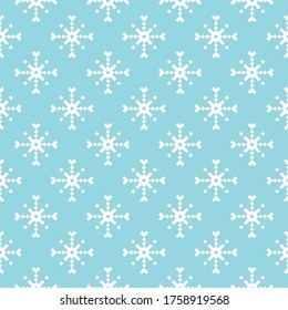 Vector blue seamless pattern background with pixel snowflakes for winter design.
