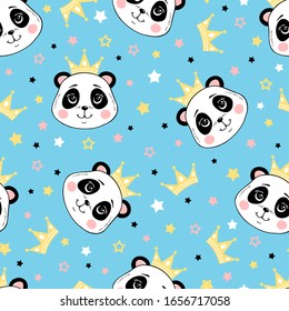 Vector blue seamless pattern with cute princess pandas, crowns and stars. Magic colorful cartoon background