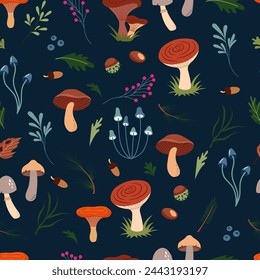 Vector blue seamless pattern of cute forest icons - mushrooms, berries, chestnuts, pine needles, leaves. Beautiful trendy background for packaging, fabric, wallpaper. 