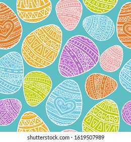 Vector blue seamless pattern with easter eggs. White doodle symbols of a happy holiday on a white background. Background for postcards, poster, invitation, sale. Photophone for a religious holiday.