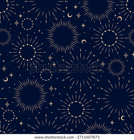Vector blue seamless pattern with fireworks and stars. Festive background for design of fabric, packaging, phone case, wrapping paper.