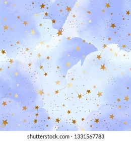 Vector Blue Seamless Pattern With Gold Foil Constellations, Stars And Clouds. Watercolor Sky Background 