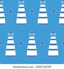 Vector blue seamless pattern: Lighthouse Parade. Cute blue striped lighthouses in rows, with dotted beach balls in between. Part of We Love The Sea collection.