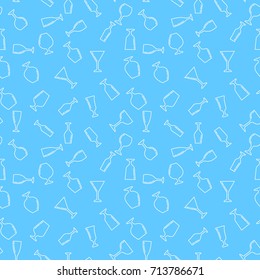 Vector blue seamless pattern made with different line wine glasses icons