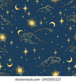 Vector blue seamless pattern with moon, plants and stars. Mystical esoteric background for design of fabric, packaging, astrology, phone case, wrapping paper.