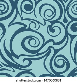 Vector Blue seamless pattern of spirals and curls. Decorative ornament for background.