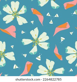 Vector blue seamless pattern: Swirling Petals. Bright blossoms floating among pink petals and tiny butterflies on a mid-blue background. Perfect for womens' apparel. Part of First Floral collection.