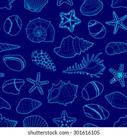 Vector blue seamless pattern of watercolor sea shells, stars and stones