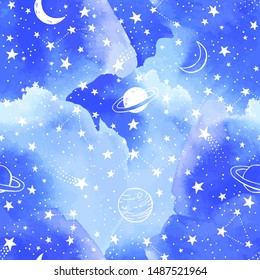 Vector blue seamless pattern with white constellations, stars and clouds. Watercolor sky background