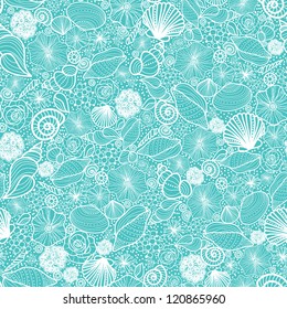 Vector blue seashells line art seamless pattern background with hand drawn elements.