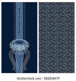 vector blue set with marine design a card with a jelly-fish and seamless vector pattern with waves