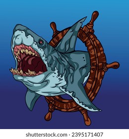 vector blue shark under the ocean with boat rudder, illustration for t-shirts