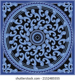 Vector blue shawl print on a black background. Silver chains, Baroque scrolls and acanthus leaves. Square pocket range, Scarf, bandana, neckerchief, kerchief, carpet