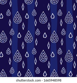 Vector blue shibori abstract teardrops and diamonds seamless pattern. Suitable for textile, gift wrap and wallpaper.