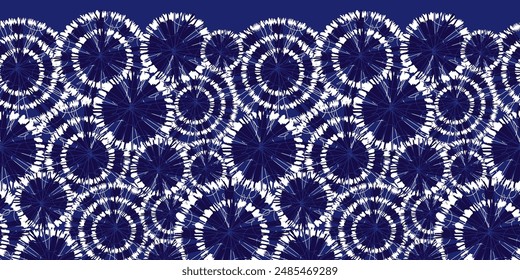 Vector blue shibori circle wheels overlap horizontal border pattern. With spiderweb detail. Suitable for invitation cards and posters.