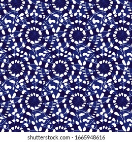 Vector blue shibori monochrome compact octagon wheels seamless pattern. Suitable for textile, gift wrap and wallpaper.