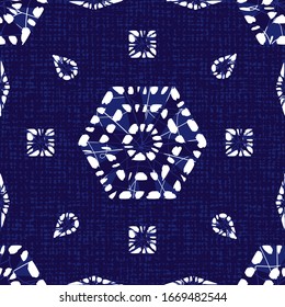 Vector blue shibori monochrome hexagon seamless pattern with canvas background. Suitable for textile, gift wrap and wallpaper.