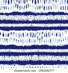 Vector blue shibori monochrome horizontal grunge stripes seamless pattern. Suitable for textile, gift wrap and wallpaper.