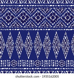 Vector blue shibori polygon ethnic stripes 01 abstract seamless pattern. Suitable for textile, gift wrap and wallpaper.