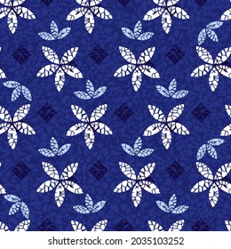 Vector blue shibori quilt abstract flower prints seamless pattern with terrazzo background 02. Suitable for textile, gift wrap and wallpaper.