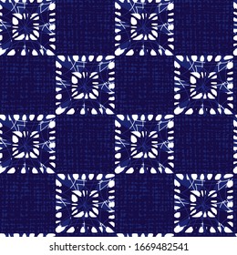 Vector blue shibori squares pattern 02 with canvas texture background. Suitable for textile, gift wrap and wallpaper.